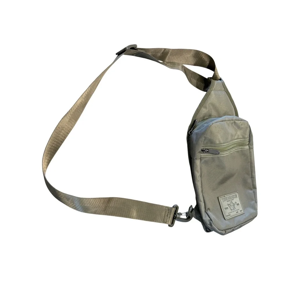 True Religion Olive Green Canvas Crossbody Sling Bag Tactical Streetwear Small
